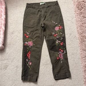 Anthropologie Olive Green Embroidered Cargo Pants with Pink & Red Floral Detail